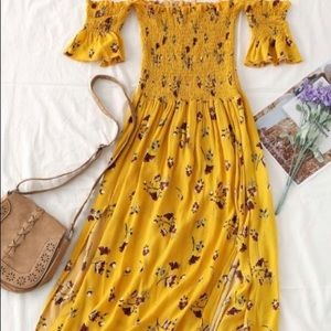Floral Slit Smocked Off Shoulder Midi Dress
